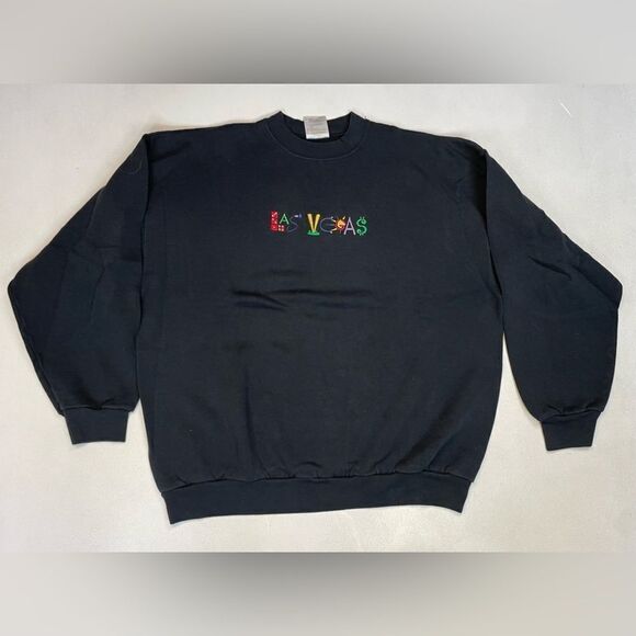 VINTAGE Las Vegas Sweatshirt Men Large Black 90s - Picture 1 of 5